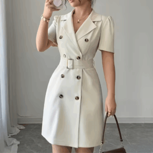Women's Light Beige Double-Breasted Blazer Dress with Belt