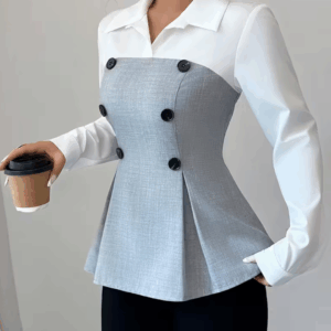 Ladies' Color-Blocked Waist Cinched Double-Breasted Shirt