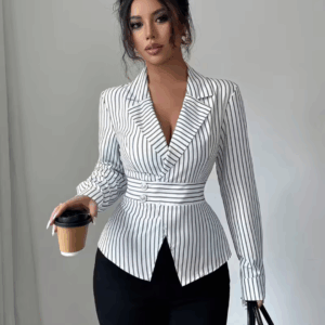 Women's Elegant White & Black Striped Collar Blouse